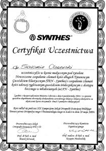Certyfikat uczestnictwa w Synthes Białystok