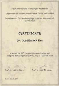 Francuskojęzyczny certyfikat ze szkolenia laryngologicznego Białystok