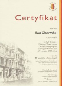 Certyfikat ze zjazdu otolaryngologów Białystok