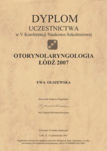 Dyplom uczestnictwa laryngolog Ewy Olszewskiej z Białegostoku